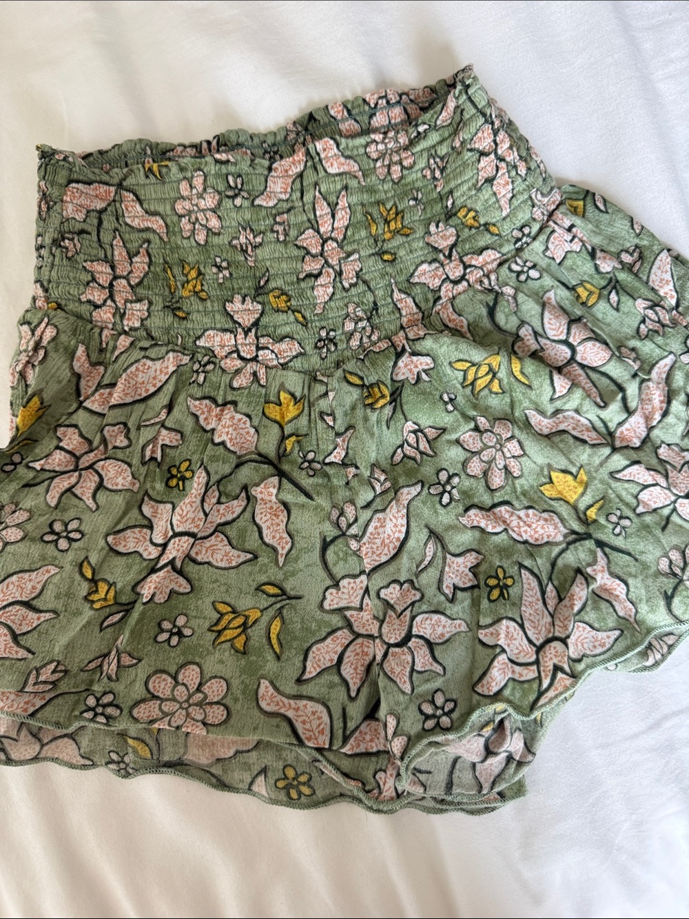 aerie Sage Green Floral Shorts with Pink Blossoms and Yellow Accents